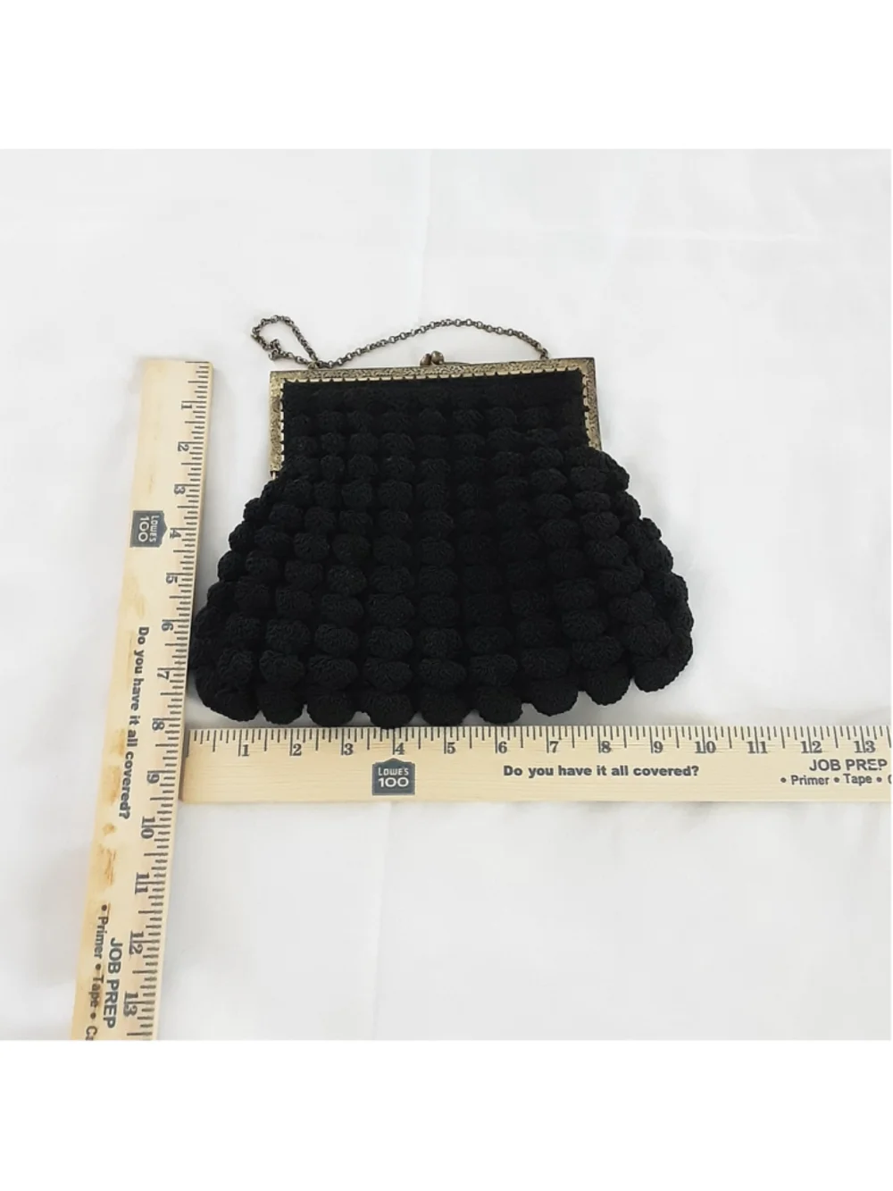Vintage Black Crochet Evening Bag Metal Frame Chain Handle Kiss Lock Purse